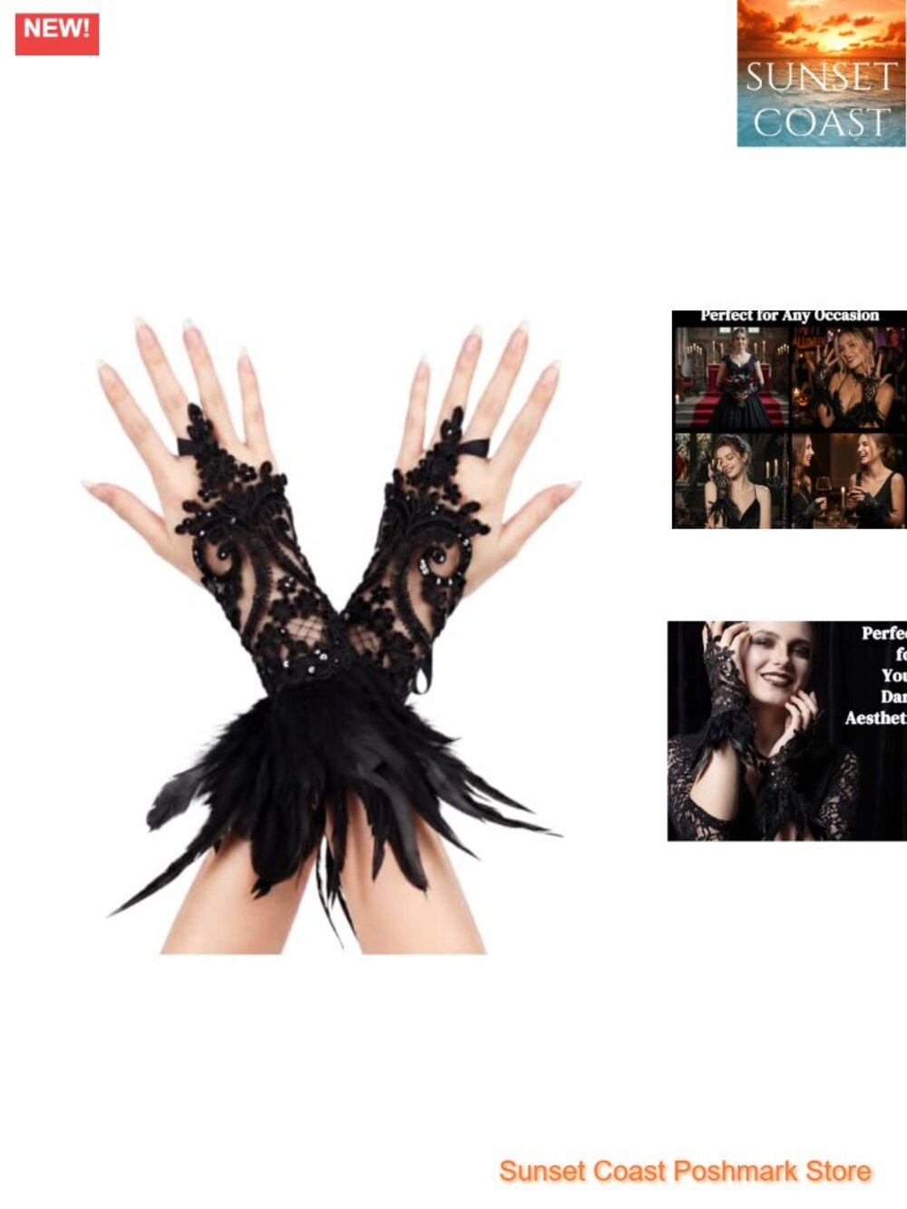 Lace Fingerless Gloves with Feather Cuff Costume Accessory Women